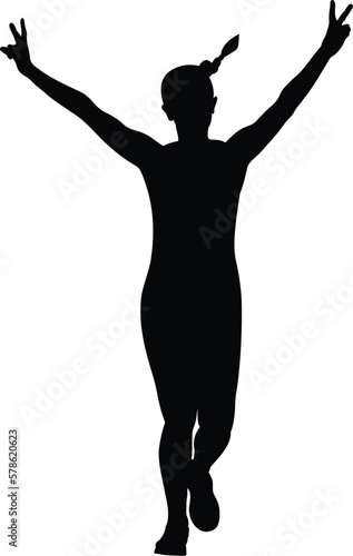female runner making hands sign peace front view, black silhouette on white background, vector illustration