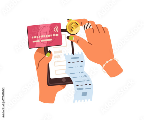 Paying online with credit card and phone, mobile bank app. Hands with smartphone, receipt, electronic money. Internet payment concept. Flat graphic vector illustration isolated on white background