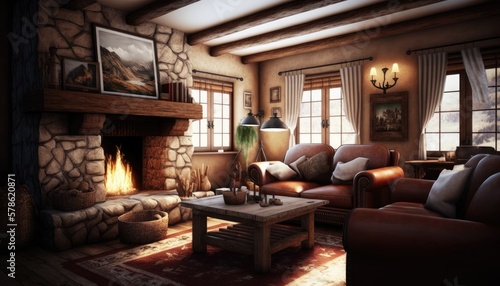 Cozy living room with fireplace. Interior design. Generative AI © Generative Professor