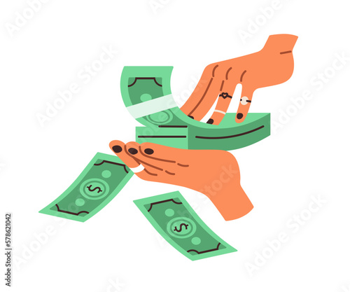 Spending, throwing, wasting money. Rich wealthy hands holding lot of stacked banknotes, dollars cash, squandering. Wealth and costs concept. Flat vector illustration isolated on white background