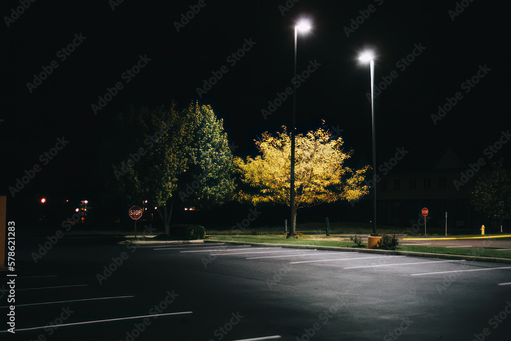 Empty parking lot lit by street lights. - obrazy, fototapety, plakaty 