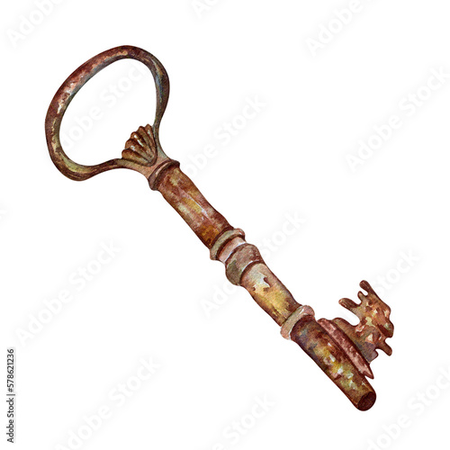 Fotografie Rusty key watercolor illustration isolated on white background