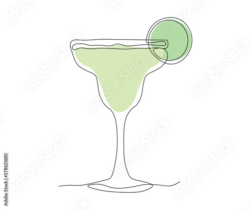 Margarita cocktail, tequila with liqueur and lime juice and lime slice Continuous One Line Drawing