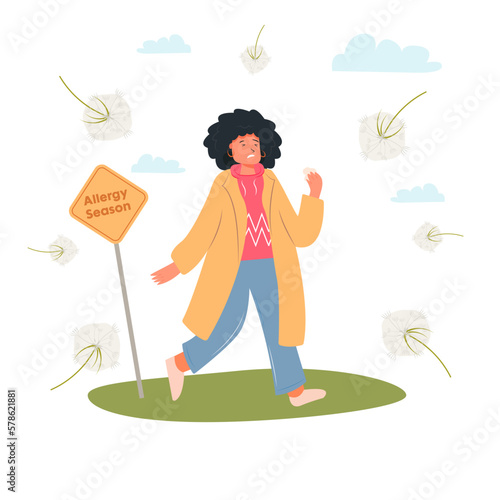 Seasonal allergy woman with teary eyes pollen and flowers allergy