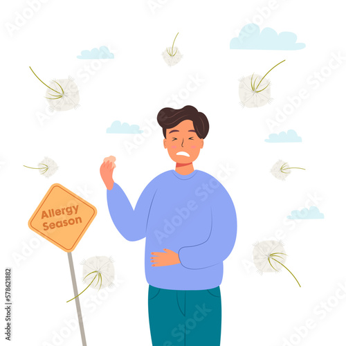 Man with pollen allergy near yellow sign. vector illustration