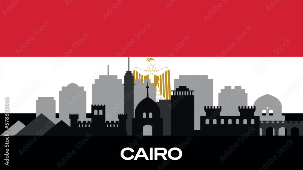Silhouette of important buildings in the city on the flag of Egypt. The vector silhouette of Cairo's famous buildings. Silhouette of important buildings in the city on the flag of Egypt. The vector silhouette of Cairo's famous buildings.