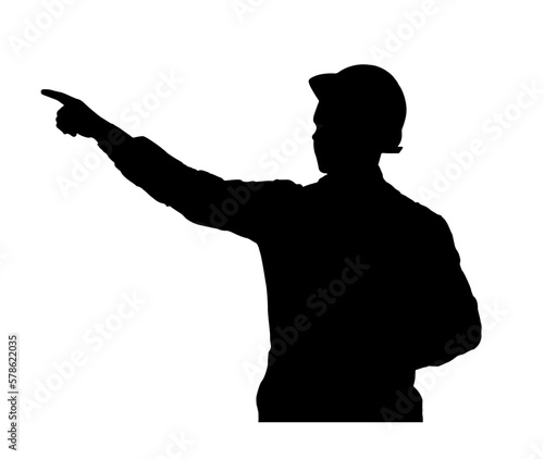 Vector engineer silhouette in helmet showing something with hand isolated on white
