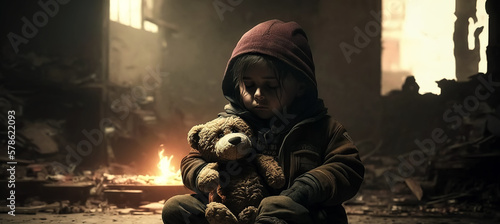 Foto child girl with a plush toy in destroyed bombed city