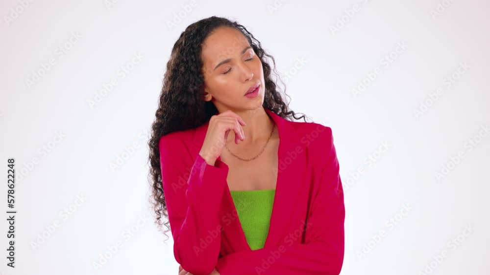 Thinking, decision and choice with a black woman in studio on a gray background looking thoughtful. Idea, option and consider with an attractive young female contemplating a thought to decide