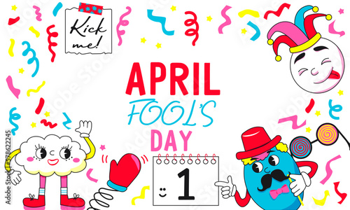 April fools day. Retro cartoon. Border with funny figures,  confetti and calendar 1 April. Ideal for card, banner, poster, social media, postcard, web. Vector