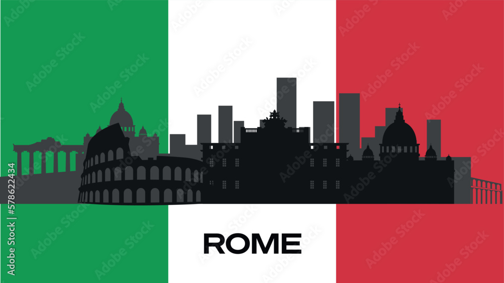 Vector silhouette of important buildings of the city on the Italian flag. The silhouette of Rome's famous buildings.