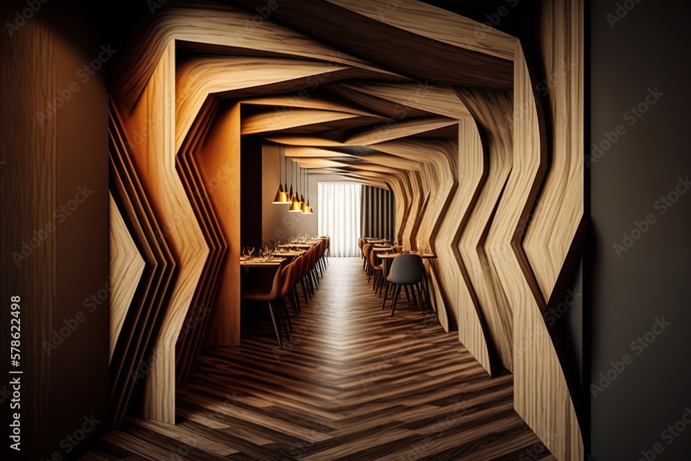 Beautiful design of a restaurant hallway with wooden material, AI generated Beautiful design of a restaurant hallway with wooden material, AI generated