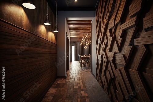 Beautiful design of a restaurant hallway with wooden material, AI generated