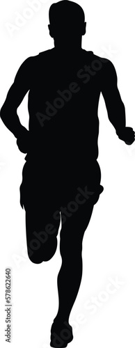 male runner athlete running front view, black silhouette on white background, sports vector illustration