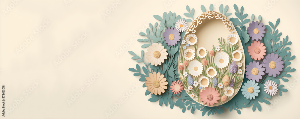 Easter banner with egg decorated with spring flowers on a light background. Paper cut art with space for text. Generative AI