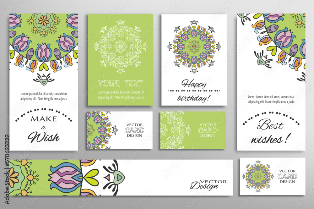Fototapeta premium Big set of greeting Cards or wedding Invitations. Postcards template with inscription Make a Wish, Best Wishes, Happy Birthday. Banner, business cards with mandala ornament. Isolated design elements