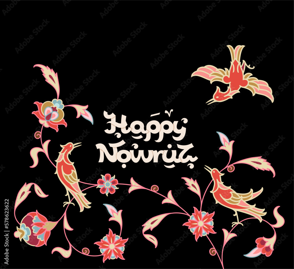Beautiful happy nowruz iranian spring holiday greeting card. Concept of spring came. Colourful elegance black background with doodles, flowers, paisley and birds. Vector illustration.  - obrazy, fototapety, plakaty 