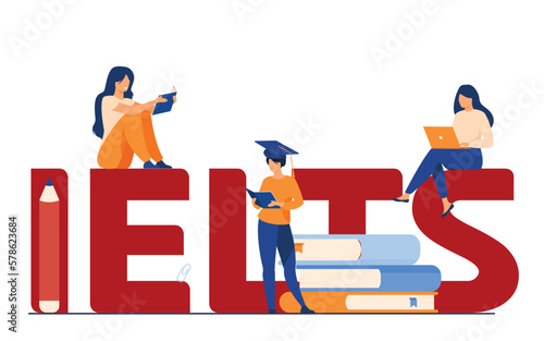 IELTS banner with character, IELTS's text best illustration for IELTS exam online reading and online exam. IELTS's training and some teachers and learners are learning for IELTS exam, Test of English.