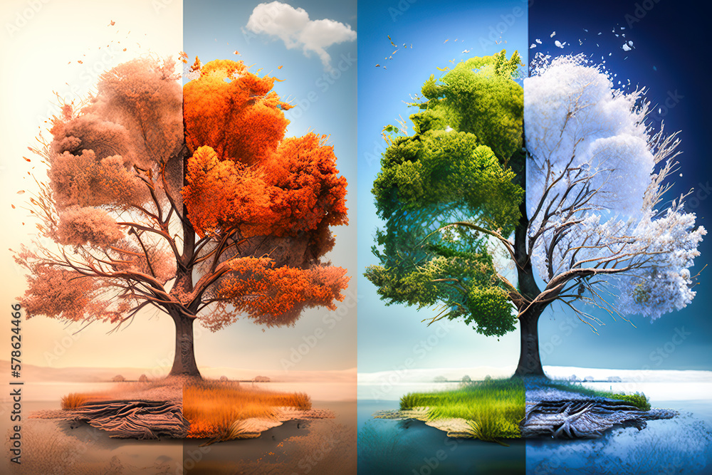 Four seasons tree banner, summer, winter, fall, forest autumn and ...