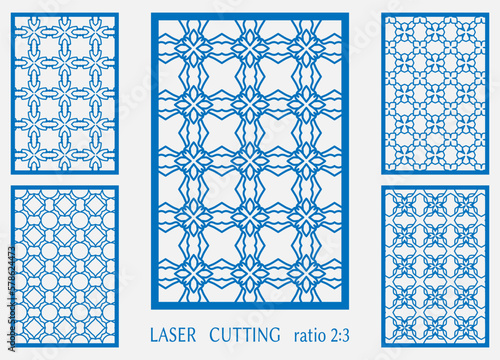 Templates for laser cutting, plotter cutting, printing. Line patterns set. Geometric design cut out of paper. Mandala die cut ornament. Fretwork panels, cutout silhouette stencils