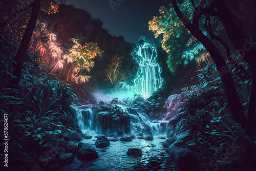 night landscape of an enchanted and magical forest with waterfalls and bioluminescent plants. Generative ai.