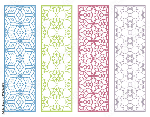 Decorative geometric line borders with repeating texture. Tribal ethnic arabic, indian, turkish ornament, bookmarks templates set. Isolated design elements. Stylized lace patterns collection
