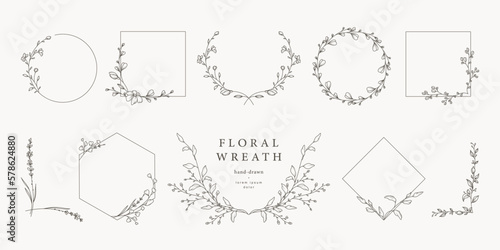 Hand drawn vintage floral wreaths, frames, corners with flowers, branches and leaves. Trendy greenery elements in line art style. Vector for label, corporate identity, wedding invitation, card