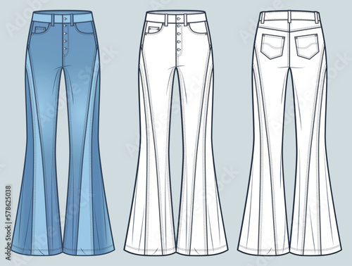 Flared Jeans Pants technical fashion illustration, blue design. Denim Pants fashion technical drawing template, medium waist, full length, front and back view, white, women, men, unisex CAD mockup.