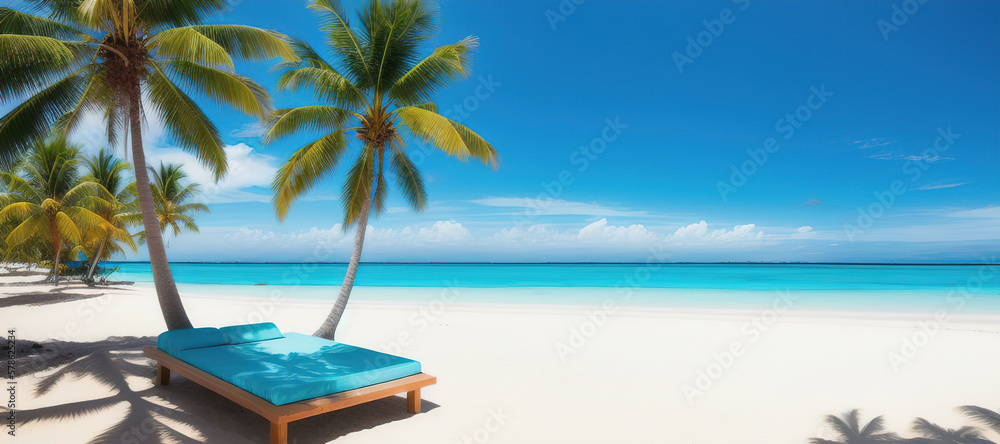Chaise lounge on the shore of a tropical island with palm trees. Generative AI.