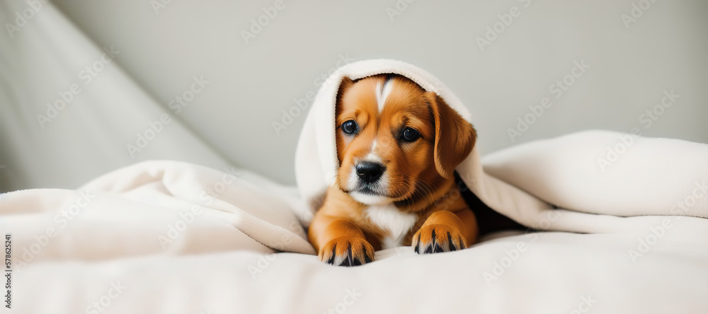 A small brown puppy peeks out from under the covers on the bed. Generative AI. A small brown puppy peeks out from under the covers on the bed. Generative AI.