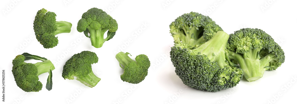 fresh broccoli isolated on white background close-up. Top view fresh broccoli isolated on white background close-up. Top view