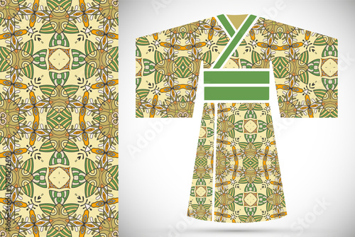 Fashion collection. Stylized Japanese kimono ethnic clothes and colorful decorative seamless pattern for textile fabric, paper print, invitation or business card design. Isolated elements