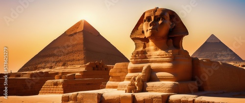 Monumental sculpture of the Sphinx and the great pyramids in the background, Giza Plateau, Egypt. Generative AI. photo