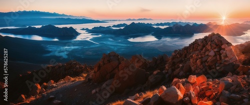 Beautiful picturesque landscape of a mountain range at dawn. Generative AI.