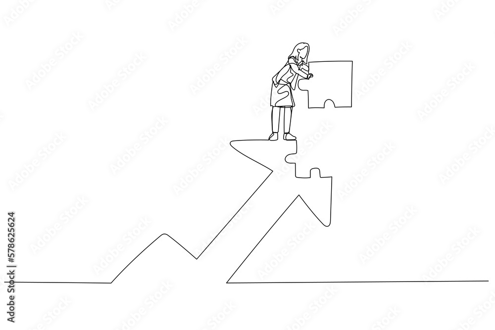 Cartoon of businesswoman put last piece of jigsaw puzzle to complete rising up arrow. Concept of growth. Single line art style Cartoon of businesswoman put last piece of jigsaw puzzle to complete rising up arrow. Concept of growth. Single line art style