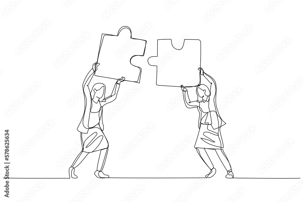 Fototapeta premium Cartoon of businesswoman hold puzzle in the head try to connect puzzle. Concept of partnership. Single line art style