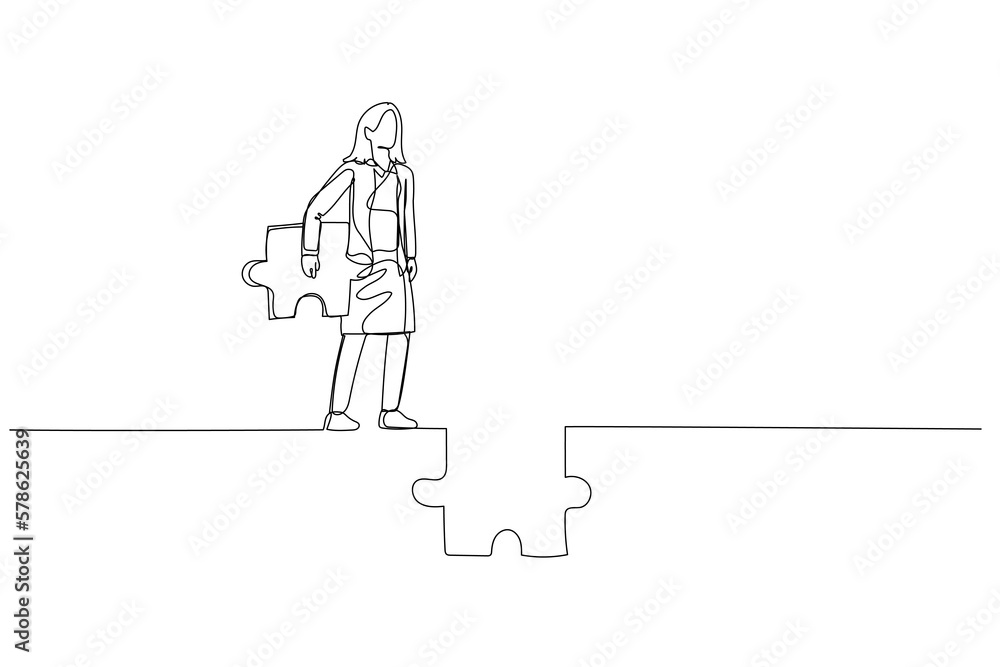 Drawing of businesswoman holding puzzle try to connect the road. Concept of ambition. One line style art