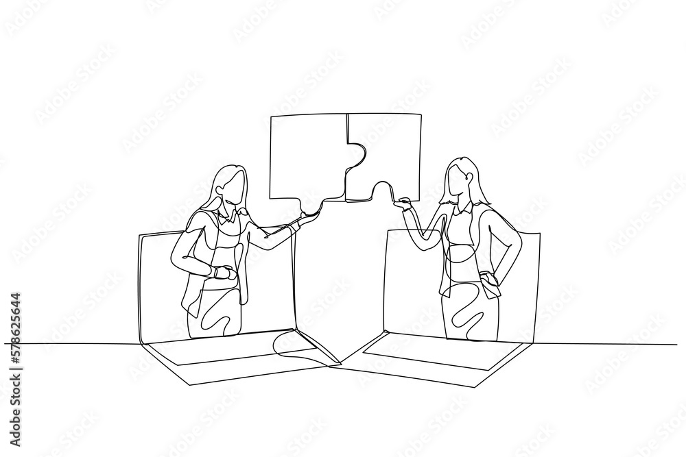 Cartoon of businesswoman and coworker connecting jigsaw puzzle. Concept of business solution. Single continuous line art