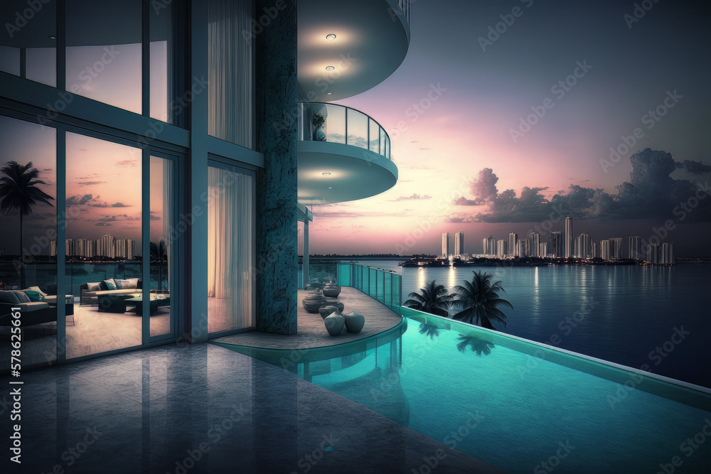 Fototapeta premium Impressive luxury penthouse terrace with a swimming pool overlooking Miami