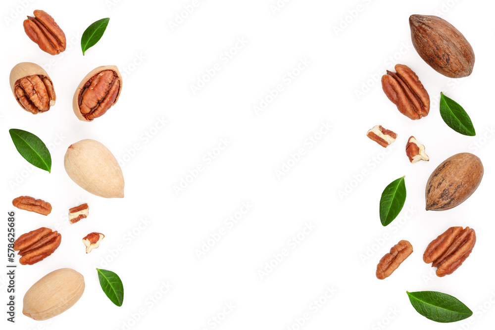 pecan nut decorated with green leaves isolated on white background. Top view. Flat lay pecan nut decorated with green leaves isolated on white background. Top view. Flat lay