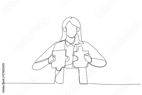 Illustration of businesswoman connecting two puzzle pieces. Concept of creative solution. Continuous line art