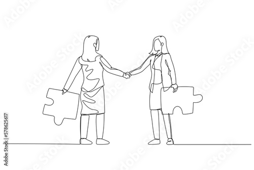 Drawing of businesswoman with puzzles briefcases shake hands. Concept of business connection. One line style art