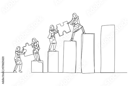 Illustration of businesswoman and team bring puzzle to the top. Concept of teamwork. Continuous line art style
