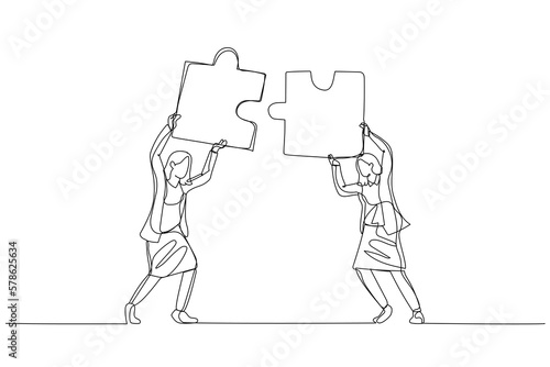 Cartoon of businesswoman hold puzzle in the head try to connect puzzle. Concept of partnership. Single line art style