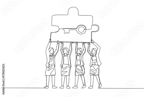 Cartoon of businesswoman and friend connecting jigsaw like keys. Concept of partnership. Single continuous line art