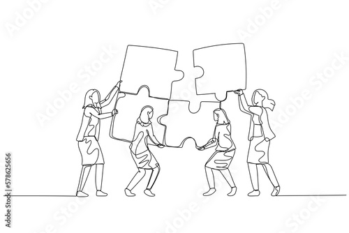Illustration of businesswoman with team bringing puzzle together. Concept of teamwork. Single continuous line art style