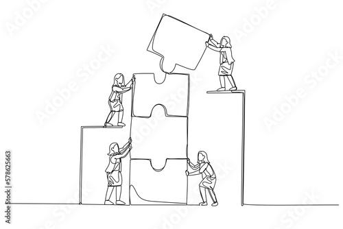 Illustration of businesswoman with coworker connecting puzzle elements. Concept of teamwork. Single continuous line art style