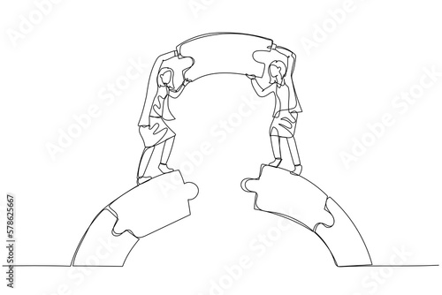 Drawing of businesswoman and coworker connect and build jigsaw puzzle bridge. Concept of solve problem. One continuous line art style