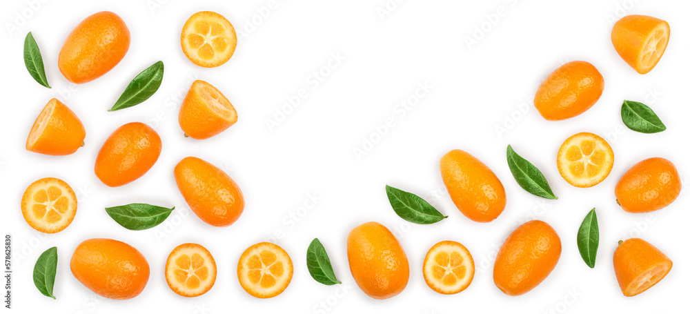 Cumquat or kumquat with half isolated on white background with copy space for your text. Top view. Flat lay Cumquat or kumquat with half isolated on white background with copy space for your text. Top view. Flat lay