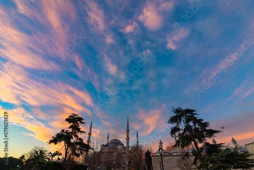 Sultanahmet Mosque or Blue Mosque with dramatic sky at sunrise